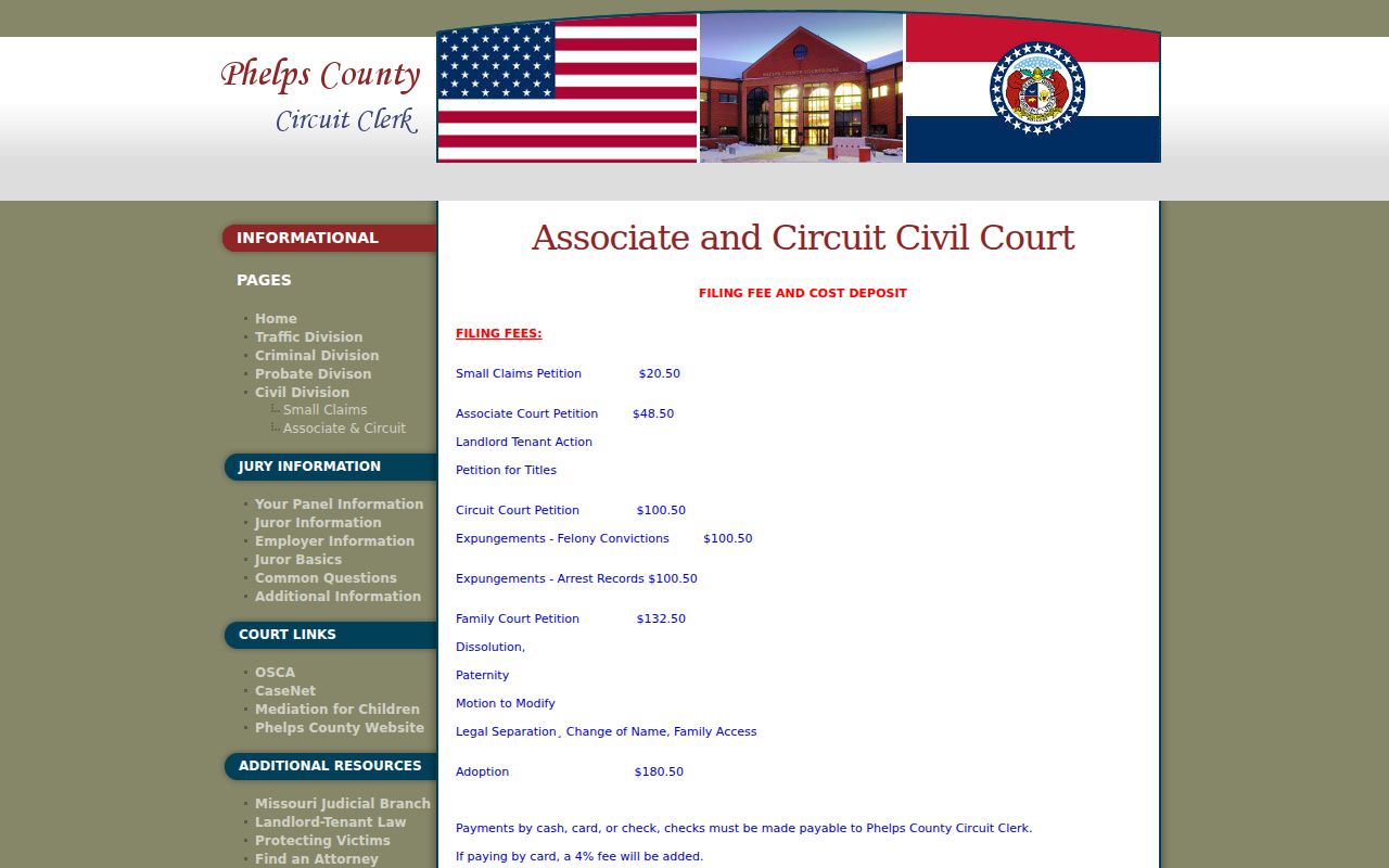 Phelps County civil docket associate-civil fee and service information