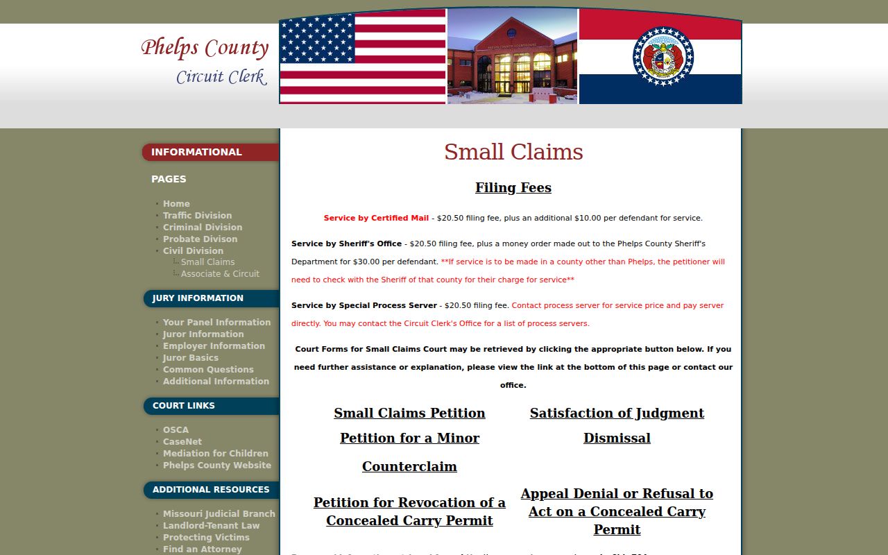 Phelps County civil docket small-claims forms and service information