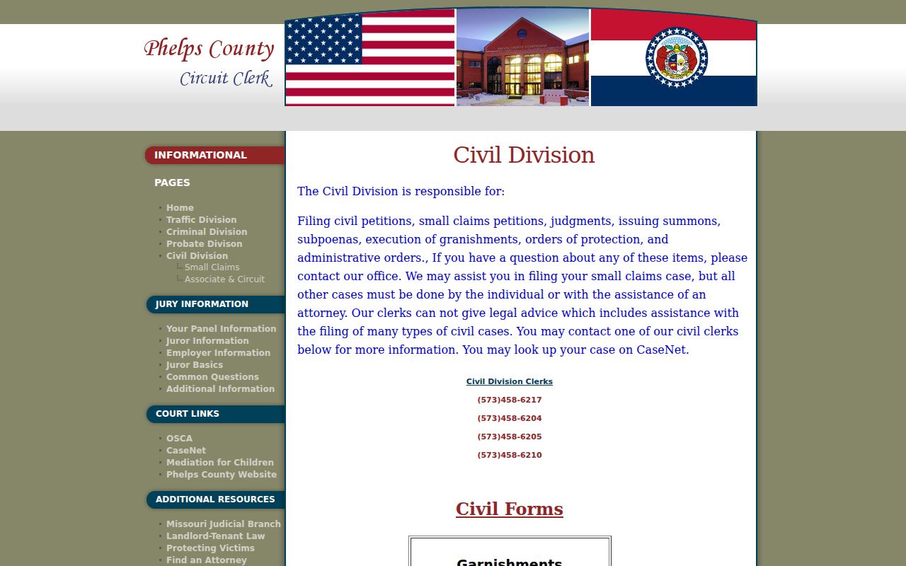 Phelps County civil docket information from the Civil Division