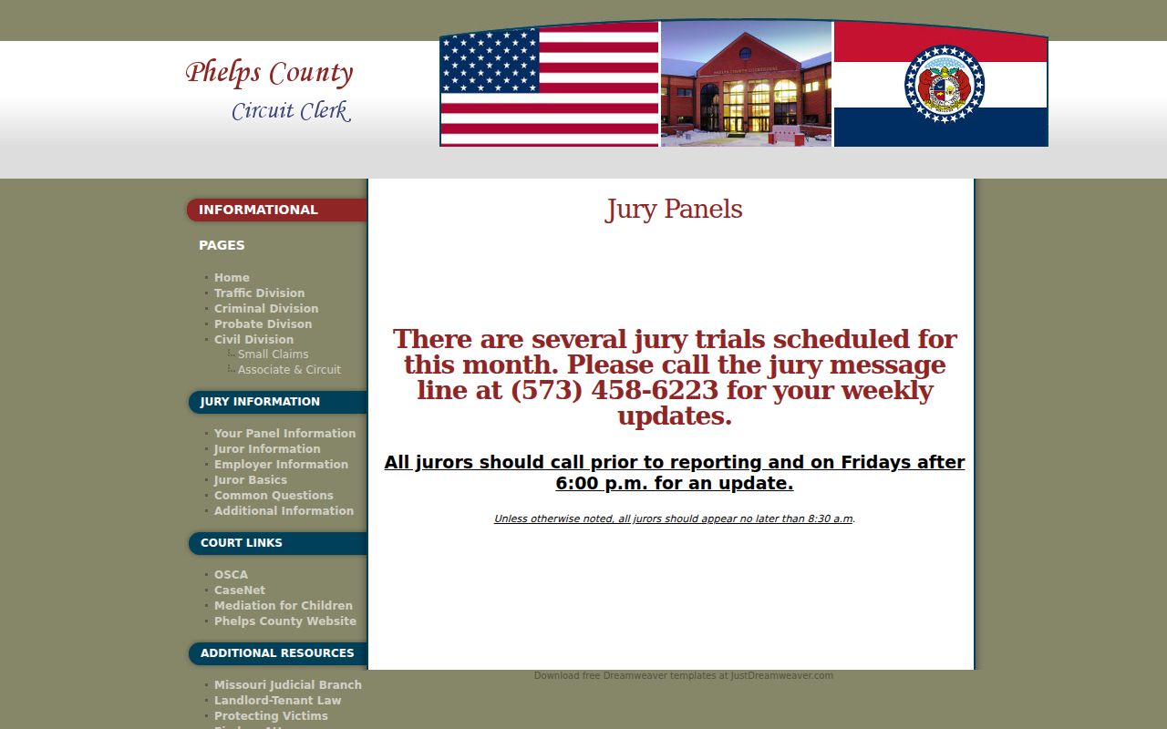 Phelps County court calendar jury panels and reporting line
