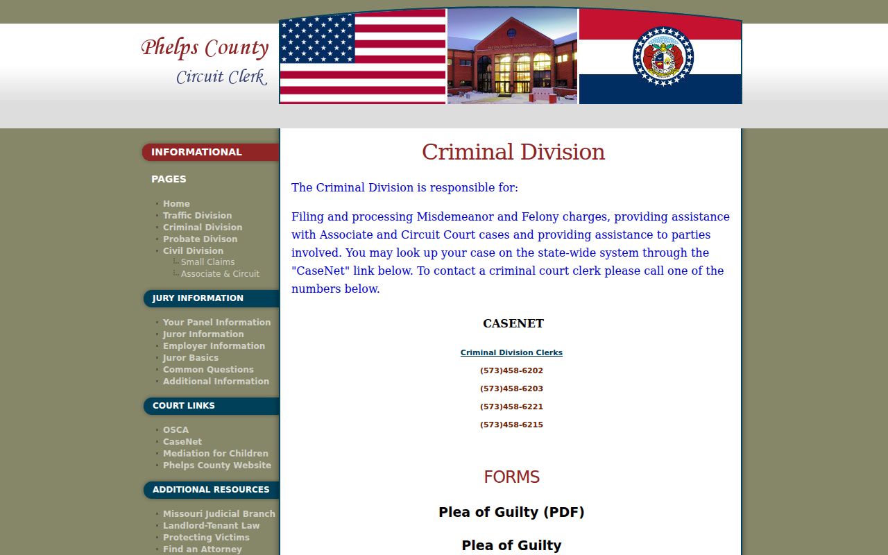 Phelps County criminal docket information from the Criminal Division