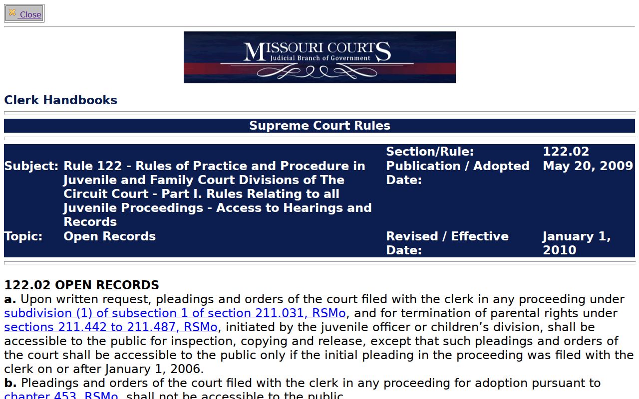 Phelps County criminal docket access and Missouri juvenile record rule
